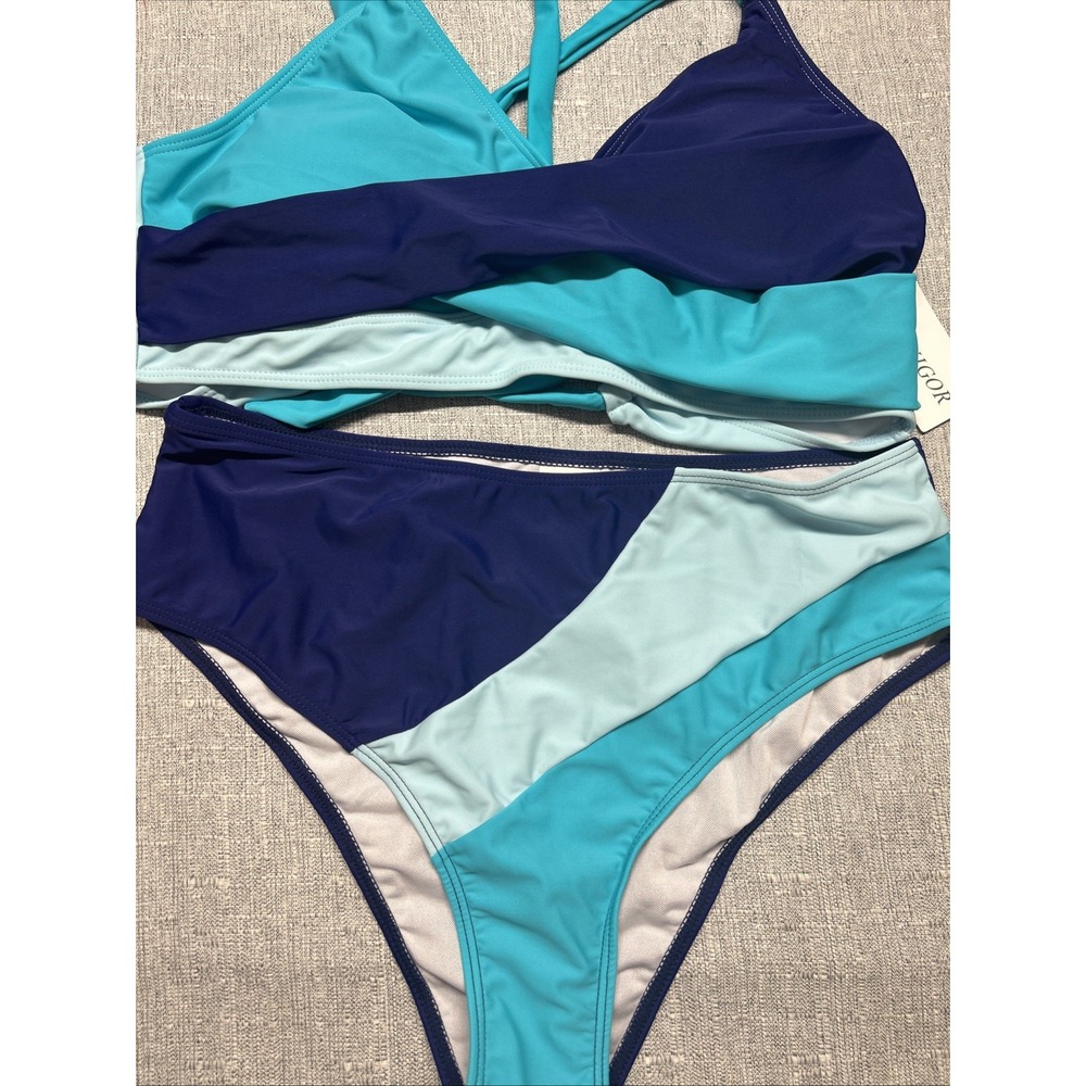 Rosvigor Cross Front Lace up Back Bikini 2Pc Swimsuit Womens L Blue Teal Cute